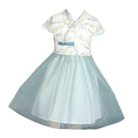 Kids Summer Chinese Style Cheongsam Dress Girls Hanfu Green Flower Princess Tutu Dress