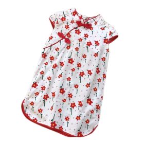 White Red Flower Girls Chinese Style Vintage Cheongsam Dress Summer Floral Hanfu Clothing Dress