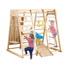 Toddler Indoor Wooden Gym 8 in 1 Indoor Playground Climbing Toy Set with Slide Swing Climbing Net Rings, Kids Indoor Playground Climbing Toys