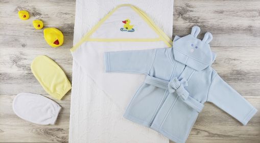 Hooded Towel, Bath Mittens and Robe (Color: Yellow/White/Blue, size: Newborn)