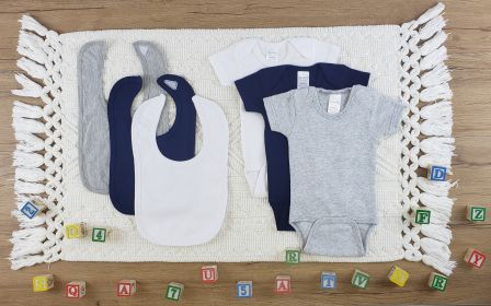 6 Pc Layette Baby Clothes Set (Color: White/Navy/Grey, size: small)