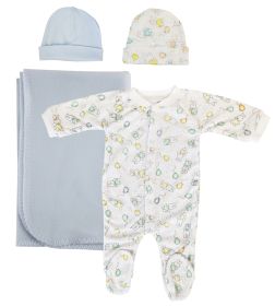 Boy Newborn Baby 4 Pc Layette Sets (Color: White/Blue, size: medium)