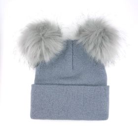 New Warm Knitted 0-3Y Baby's Hat Cute Double Fur Pompon Beanies Thick Double Layer Cap Faux Pompom Hat (Color: gray)