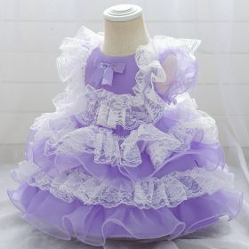 Girls Puffy Princess Dress Casual Lace Bowknot Mesh Tulle Chiffon Skirt Baby Full Moon Christening Summer Birthday Party Wedding (Color: Purple, size: Height 90cm)