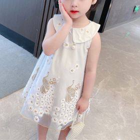 Sleeveless Soft Cozy Dress Tulle Summer Peacock Embroidery Beads Baby Little Girls Middle Child Princess Skirt Zipper Pink White (Color: White, size: Height 130cm)