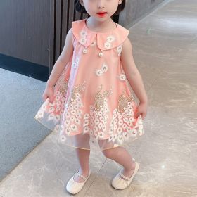 Sleeveless Soft Cozy Dress Tulle Summer Peacock Embroidery Beads Baby Little Girls Middle Child Princess Skirt Zipper Pink White (Color: pink, size: Height 120cm)