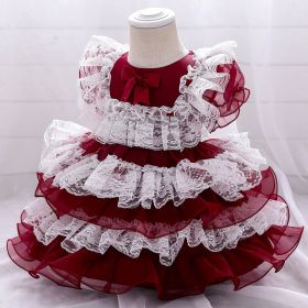 Girls Puffy Princess Dress Casual Lace Bowknot Mesh Tulle Chiffon Skirt Baby Full Moon Christening Summer Birthday Party Wedding (Color: Red, size: Height 80cm)