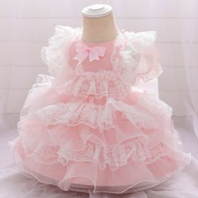 Girls Puffy Princess Dress Casual Lace Bowknot Mesh Tulle Chiffon Skirt Baby Full Moon Christening Summer Birthday Party Wedding (Color: pink, size: Height 110cm)