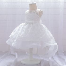 Baby Mesh Tulle Dress Front Short Back Long Bowknot Sleeveless Embroidered Tuxedo Skirt Girl Birthday Party Wedding Baptism Host (Color: White, size: Height 90cm)