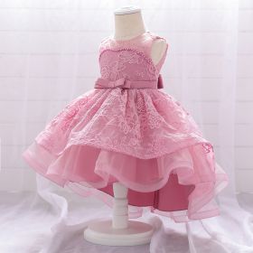 Baby Mesh Tulle Dress Front Short Back Long Bowknot Sleeveless Embroidered Tuxedo Skirt Girl Birthday Party Wedding Baptism Host (Color: pink, size: Height 80cm)