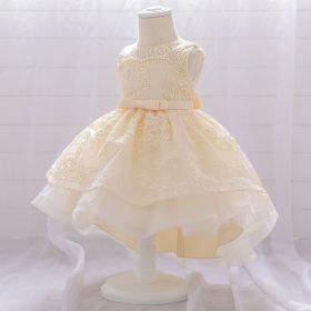 Baby Mesh Tulle Dress Front Short Back Long Bowknot Sleeveless Embroidered Tuxedo Skirt Girl Birthday Party Wedding Baptism Host (Color: champagne, size: Height 70cm)