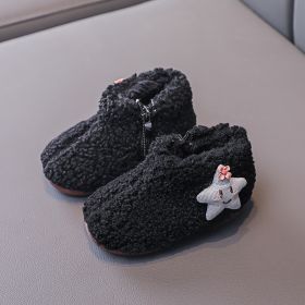 Baby Girls Short Boots Black White Khaki Children's Hairy Shoes Winter Furry Velvet Toddler Girl Cotton Boots with Star E10301 (Color: Black, size: 22)