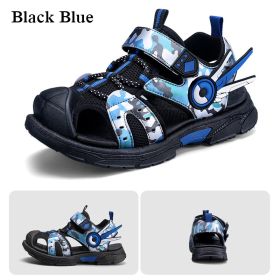 Kids Sandals for Boys 2022 Summer Children Fashion Hollow Shoes Camouflage Pattern Toddler Boys Sports Sandals Non-Slip Slippers (Color: Black Blue, size: 32)