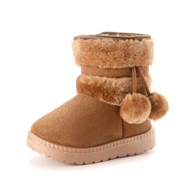 Thick Warm Kids Snow Boots Cute Hairball Winter Boots With Plush Toddler Baby Girl Cotton Shoes Non-slip Casual Flats Size 20-35 (Color: Khaki, size: 23(Insole 14.2cm))