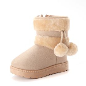 Thick Warm Kids Snow Boots Cute Hairball Winter Boots With Plush Toddler Baby Girl Cotton Shoes Non-slip Casual Flats Size 20-35 (Color: Beige, size: 26(Insole 15.6cm))