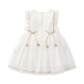 Baby Girl 1pcs Frill Trim Mesh Overlay Design Bow Tie Solid Princess Tutu Dress (Color: White, Size/Age: 100 (2-3Y))