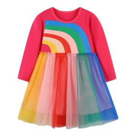 Baby Colorful Rainbow Pattern Mesh Overlay Design Pullover Dress (Color: pink, Size/Age: 110 (3-5Y))