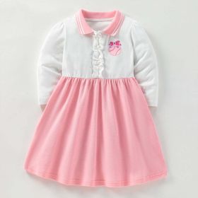 Baby Girl Bow Emrboidered Pattern Polo Neck Strried Dress (Color: pink, Size/Age: 130 (7-8Y))