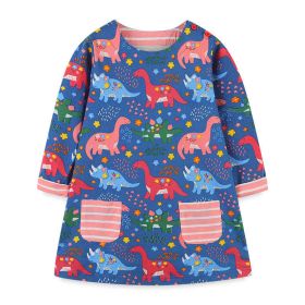 Baby Girl Cartoon Dinosaur Pattern Autumn New Style Dress (Color: Blue, Size/Age: 90 (12-24M))