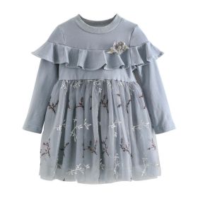 Baby Girl Floral Embroidered Pattern Ruffle Design Mesh Overlay Dress (Color: Blue, Size/Age: 120 (5-7Y))