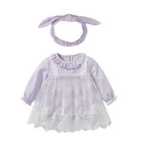 Baby Girl Solid Color Floral Embroidered Lace Patchwork Design Long-Sleeved Dress (Color: Purple, Size/Age: 73 (6-9M))