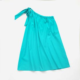 Girl Solid Color Single Shoulder Sling Design Vacation Dress (Color: Blue, Size/Age: 140 (8-10Y))