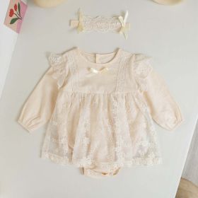 Baby Girl Solid Color Floral Embroidered Mesh Overlay Design Onesies Dress (Color: Apricot, Size/Age: 100 (2-3Y))