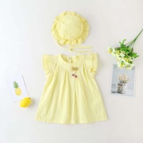 Baby Girl 1pcs Solid Color Flounce Sleeves Bow Tie Dress & Hat (Color: yellow, Size/Age: 80 (9-12M))