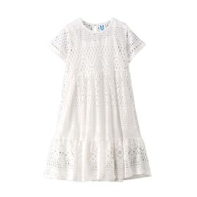 Girl Solid Color Hollow Carved Design O-Neck Gentle Dress (Color: White, Size/Age: 150 (10-12Y))