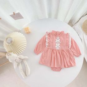 Baby Girl Solid Color Mesh Patchwork Design Long Sleeved Onesies Dress (Color: pink, Size/Age: 66 (3-6M))