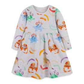 Baby Girl Dinosaur Print Pattern Long Sleeve Autumn Dress (Color: grey, Size/Age: 130 (7-8Y))