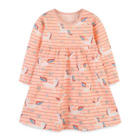 Baby Girl Striped And Unicorn Print Pattern A-Line Design Dress (Color: pink, Size/Age: 100 (2-3Y))