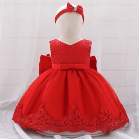 Baby Girl Floral Mesh Overlay Design Princess Full Moon Formal Dress & Headband (Color: Red, Size/Age: 80 (9-12M))