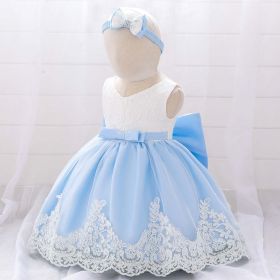 Baby Girl Floral Mesh Overlay Design Princess Full Moon Formal Dress & Headband (Color: Blue, Size/Age: 80 (9-12M))