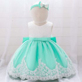 Baby Girl Floral Mesh Overlay Design Princess Full Moon Formal Dress & Headband (Color: green, Size/Age: 90 (12-24M))