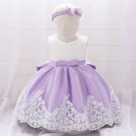 Baby Girl Floral Mesh Overlay Design Princess Full Moon Formal Dress & Headband (Color: Purple, Size/Age: 73 (6-9M))