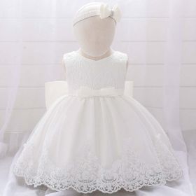 Baby Girl Floral Mesh Overlay Design Princess Full Moon Formal Dress & Headband (Color: White, Size/Age: 66 (3-6M))