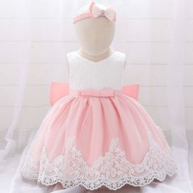 Baby Girl Floral Mesh Overlay Design Princess Full Moon Formal Dress & Headband (Color: Light Pink, Size/Age: 80 (9-12M))