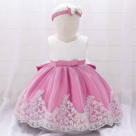 Baby Girl Floral Mesh Overlay Design Princess Full Moon Formal Dress & Headband (Color: pink, Size/Age: 73 (6-9M))