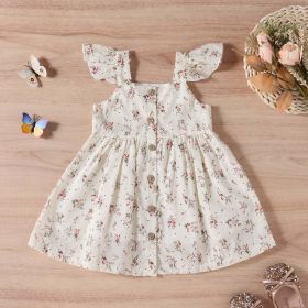 Baby Girl Ditsy Floral Print Butoon Front Butterfly Sleeve Dress (Color: Beige, Size/Age: 120 (5-7Y))