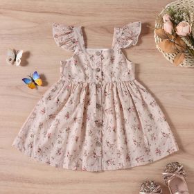 Baby Girl Ditsy Floral Print Butoon Front Butterfly Sleeve Dress (Color: pink, Size/Age: 110 (3-5Y))