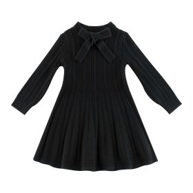 Baby Girl Solid Color Long Sleeve Fashion Korean Style Dress (Color: Black, Size/Age: 130 (7-8Y))