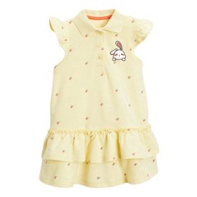 Baby Girl Bunny & Rainbow Graphic Quarter Button Ruffle Layered Dress (Color: yellow, Size/Age: 130 (7-8Y))