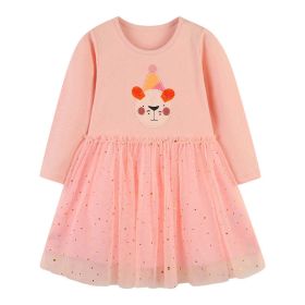 Baby Girl Cartoon Animal Patched Pattern Mesh Overlay Design Dress (Color: pink, Size/Age: 120 (5-7Y))