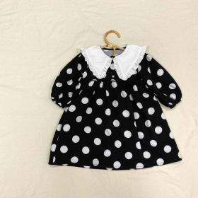 Baby Girls Polka Dot Print Turn-Down Collar Design Pull Sleeved Dress (Color: Black, Size/Age: 120 (5-7Y))