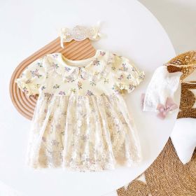 Baby Girls Floral Print Embroidered Lace Patchwork Design Doll-Neck Onesies Dress (Color: Apricot, Size/Age: 90 (12-24M))