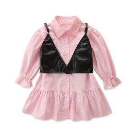 Baby Girl Leather Strap Combo Solid Color Lapel Design Shirt Dress (Color: pink, Size/Age: 120 (5-7Y))