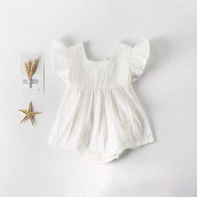 Baby Girl Belted Bow Tie Design Mesh Square Neck Solid White Onesies Dress (Color: White, Size/Age: 80 (9-12M))