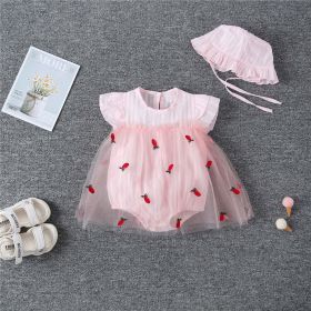 Baby Girl 1pcs Solid Color Pineapple Embroidered Mesh Overlay Flounce Sleeves Onesies Dress (Color: Light Pink, Size/Age: 90 (12-24M))