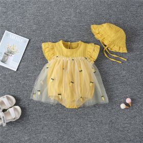 Baby Girl 1pcs Solid Color Pineapple Embroidered Mesh Overlay Flounce Sleeves Onesies Dress (Color: yellow, Size/Age: 90 (12-24M))